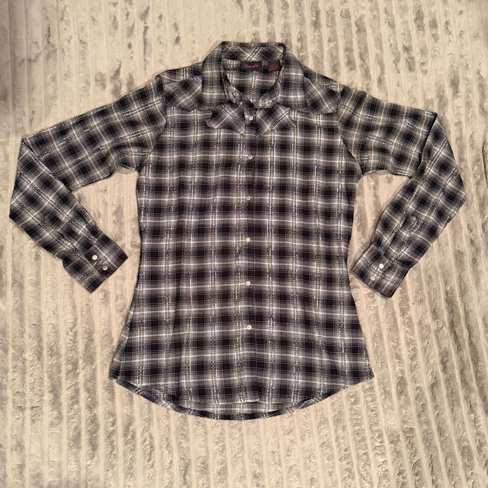 Wrangler Womens Black White Plaid Metallic Western Snap Button‎ Shirt LW4021X S - Picture 2 of 7